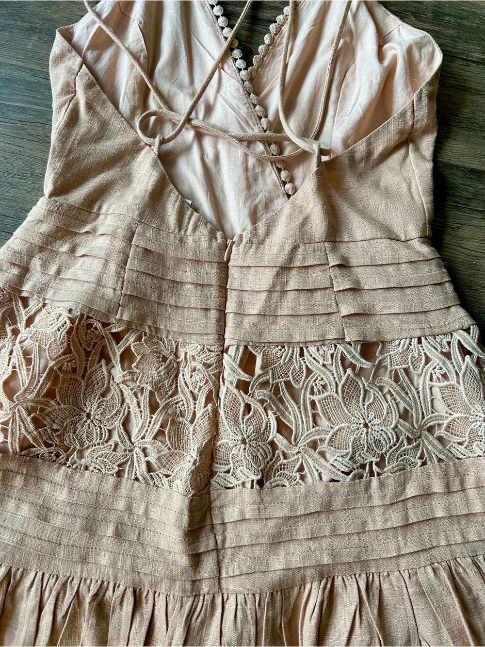 Selfie Leslie Lace & Pleated Spaghetti Strap Dress in Peachy Tan - Picture 4 of 5